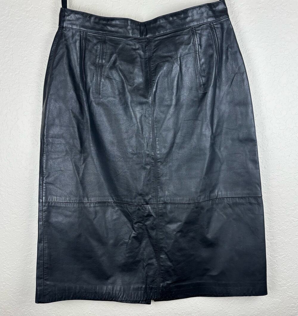 Vintage Evan Davies Black Genuine Leather Midi Skirt Size 10
